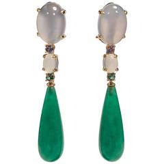 Yellow Gold, Jade, Tanzanite, Chalcedony and Emerald Chandelier Earrings 8