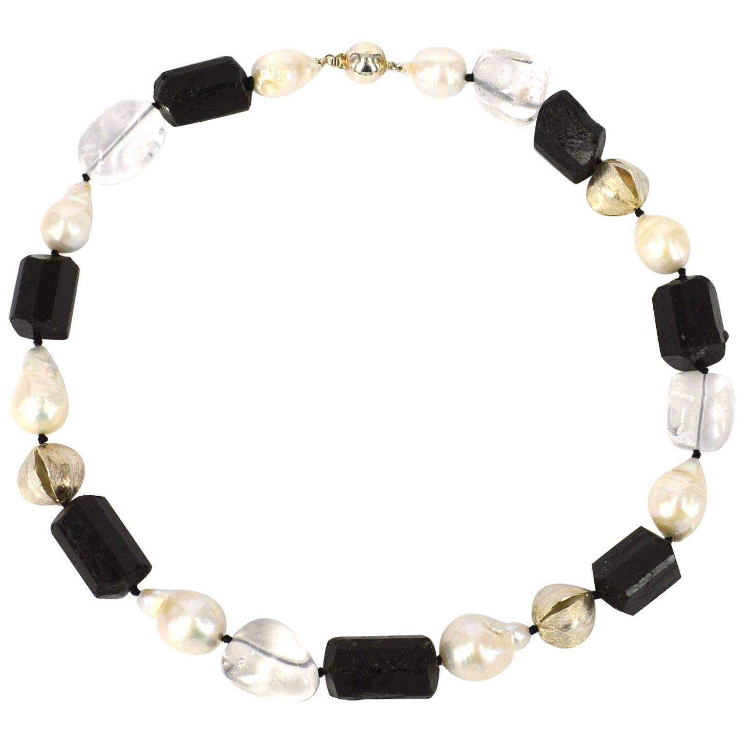 Black Tourmaline Clear Quartz Pearl Silver Necklace For Sale