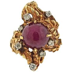 1970s Impressive Retro Ruby Diamond Gold Free-Form Cocktail Ring
