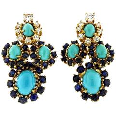 Stunning Turquoise Sapphire 0.74 Carat Diamond Gold Drop Earrings 12