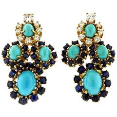 Stunning Turquoise Sapphire 0.74 Carat Diamond Gold Drop Earrings