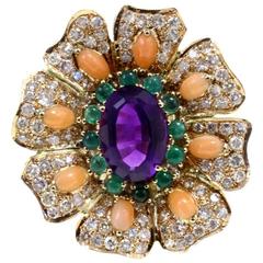 Luise Gold Diamond Emerald Coral Amethyst Cocktail Ring