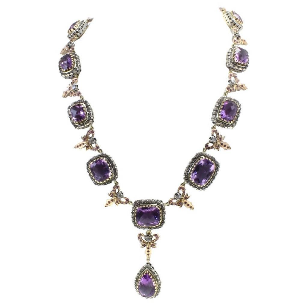 Gold Silver Diamonds Amethyst Drop Necklace