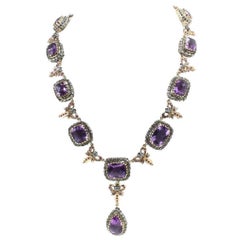 Gold Silver Diamonds Amethyst Drop Necklace