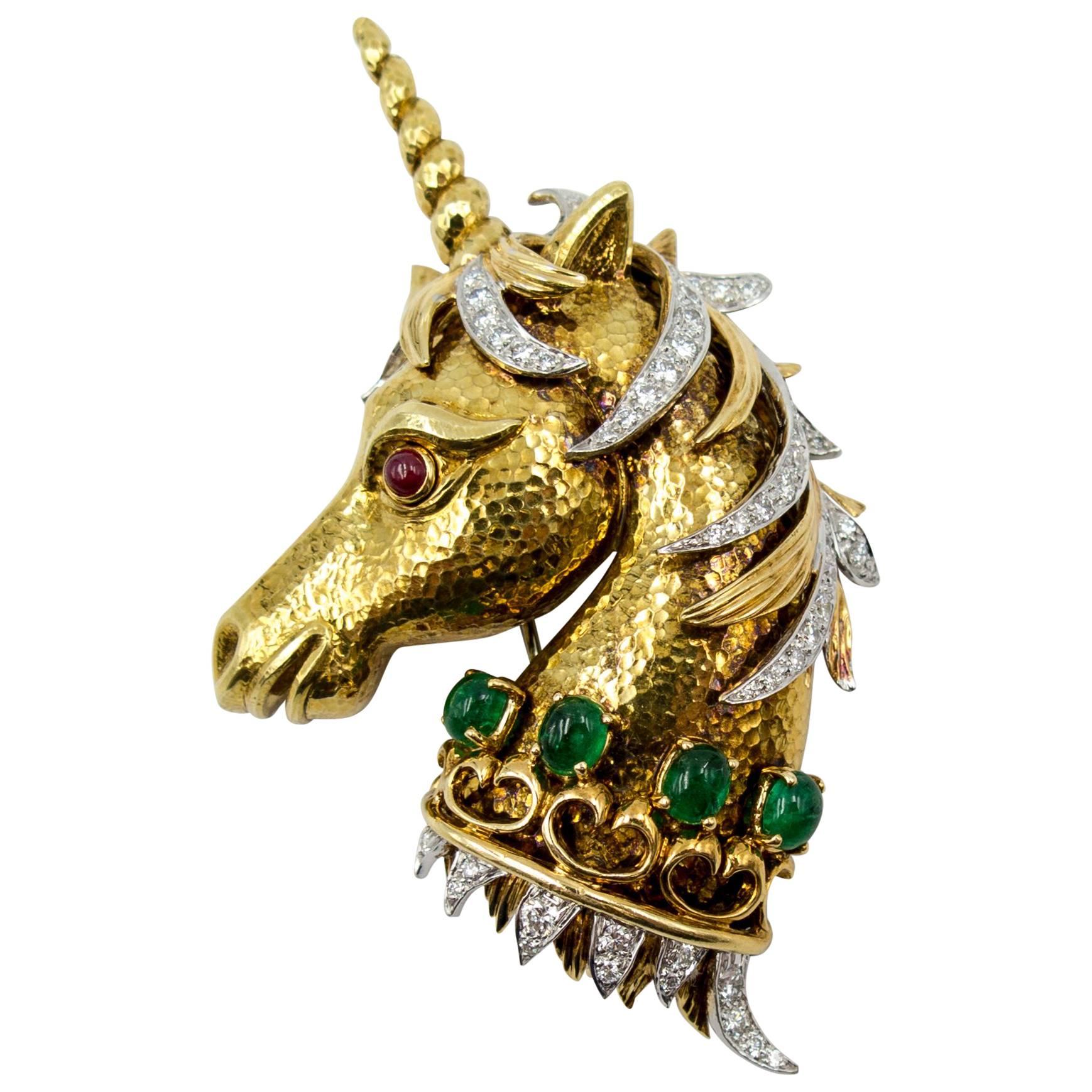 Whimsical David Webb Gold Diamond Emerald Ruby Unicorn Pin