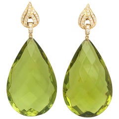 Impressive Faceted Green Amber Diamond and Gold Drop Earrings by Michael Kanners