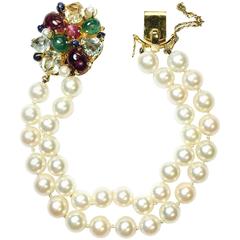 Multicolor Gemstone Double Row Pearl Lucky Bracelet