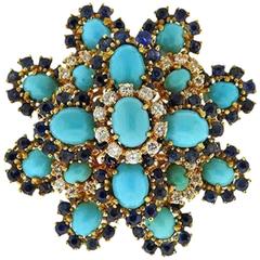 Stunning Turquoise Sapphire 1.10 Carat Diamonds Gold Brooch