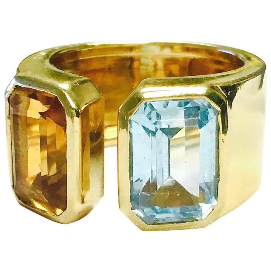 Petochi & Gorevic Citrine Blue Topaz Gold Wide Wrap Ring