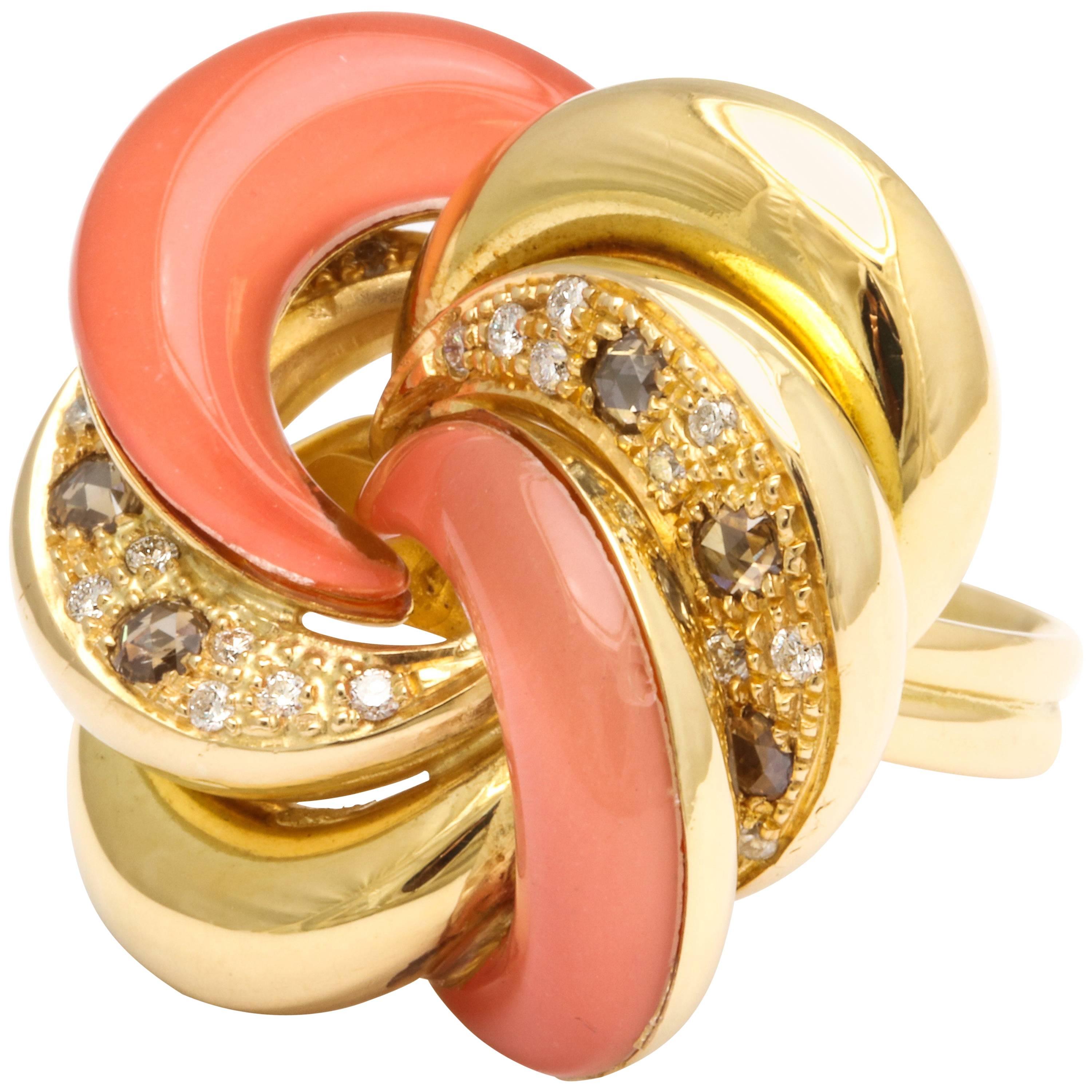 Faraone Mennella Roselline Coral Diamond Gold Ring For Sale