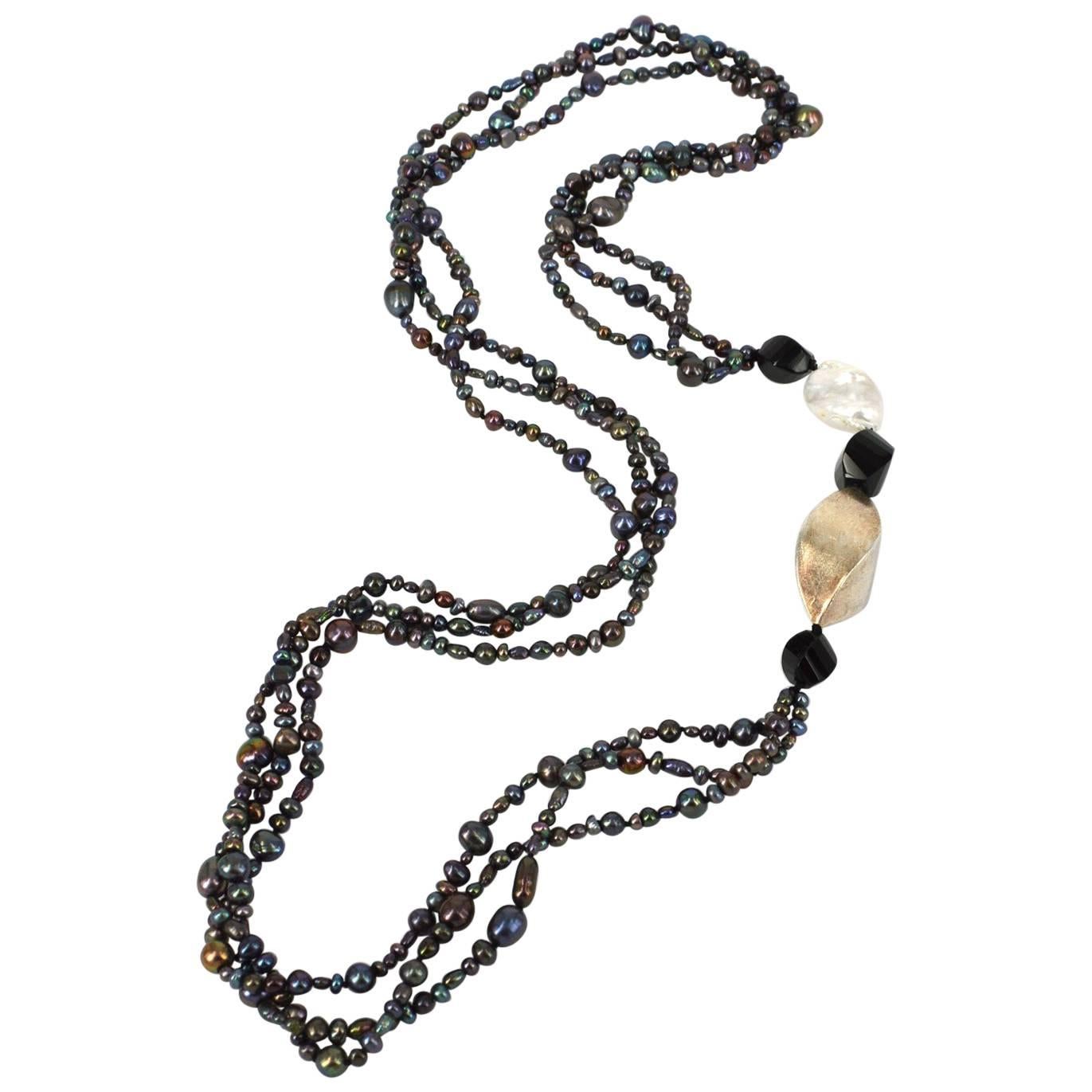 Decadent Jewels Fresh water Pearl Onyx Sterling Silver Long Necklace
