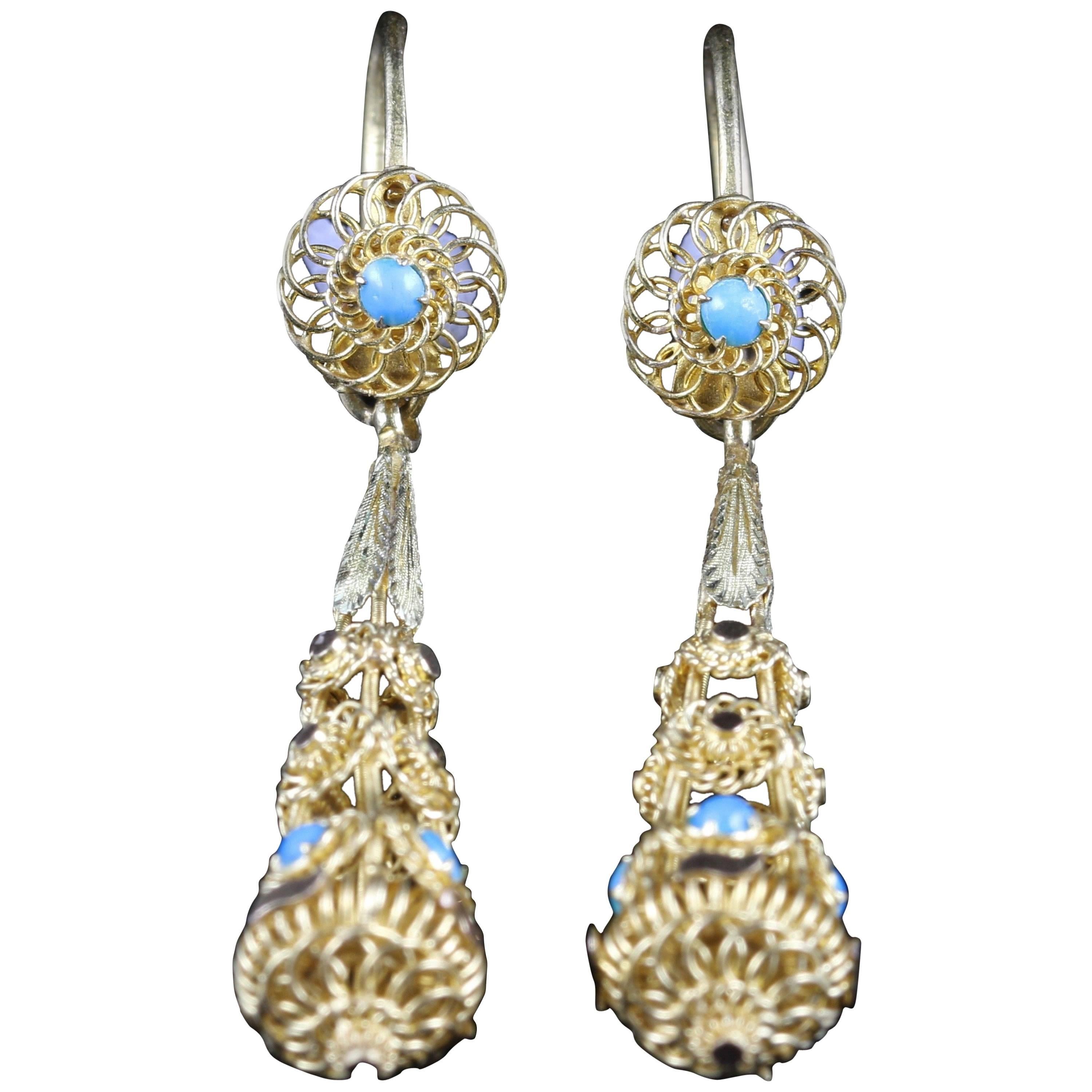 Antique Victorian Turquoise Gold Earrings, Night and Day, circa 1860