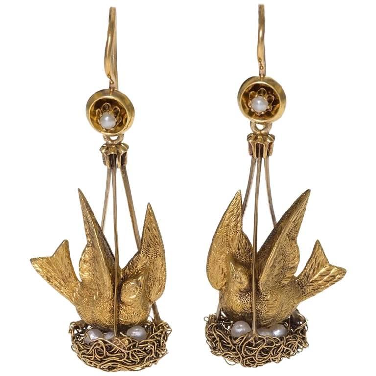 Antique Pearl Gold Nesting Bird Earrings