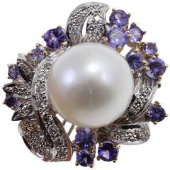 Luise Gold Diamond Tanzanite Pearl Cocktail Ring 9