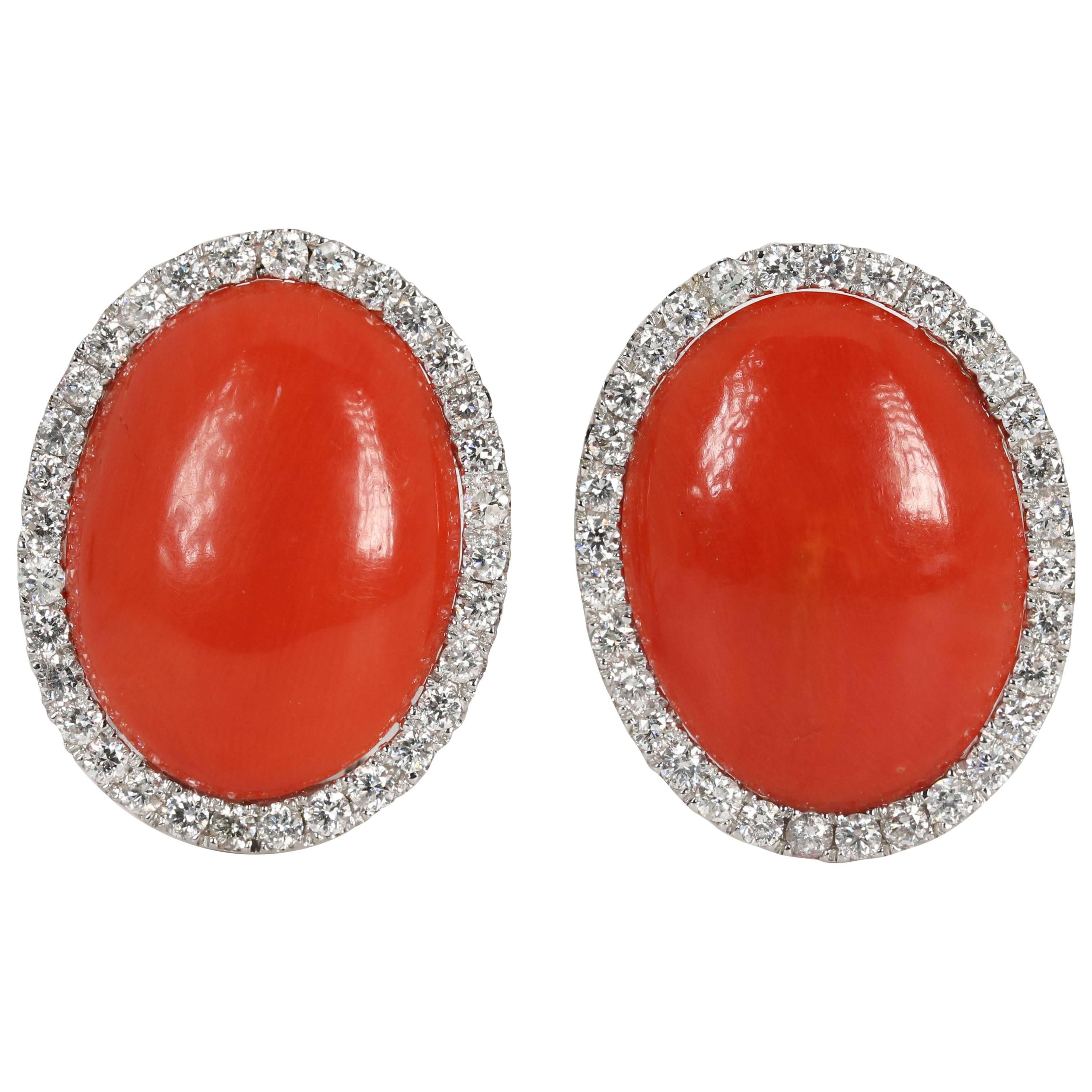 Elegant Coral and Diamond White Gold Earrings For Sale