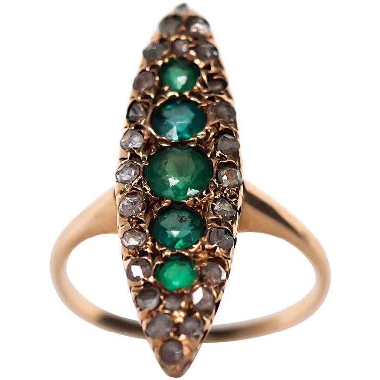 1880s Victorian Emerald Diamond Yellow Gold Engagement Ring For Sale at