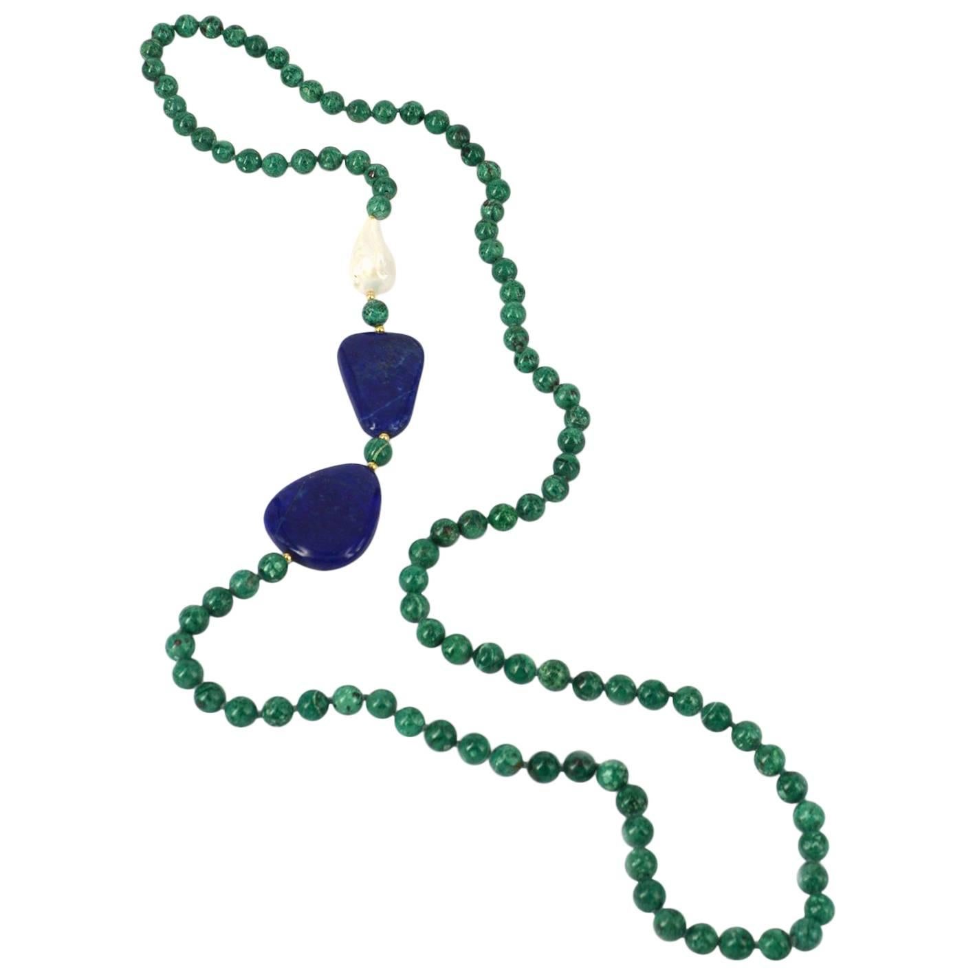 Chrysocolla Freshwater Baroque Pearl Lapis Lazuli Necklace