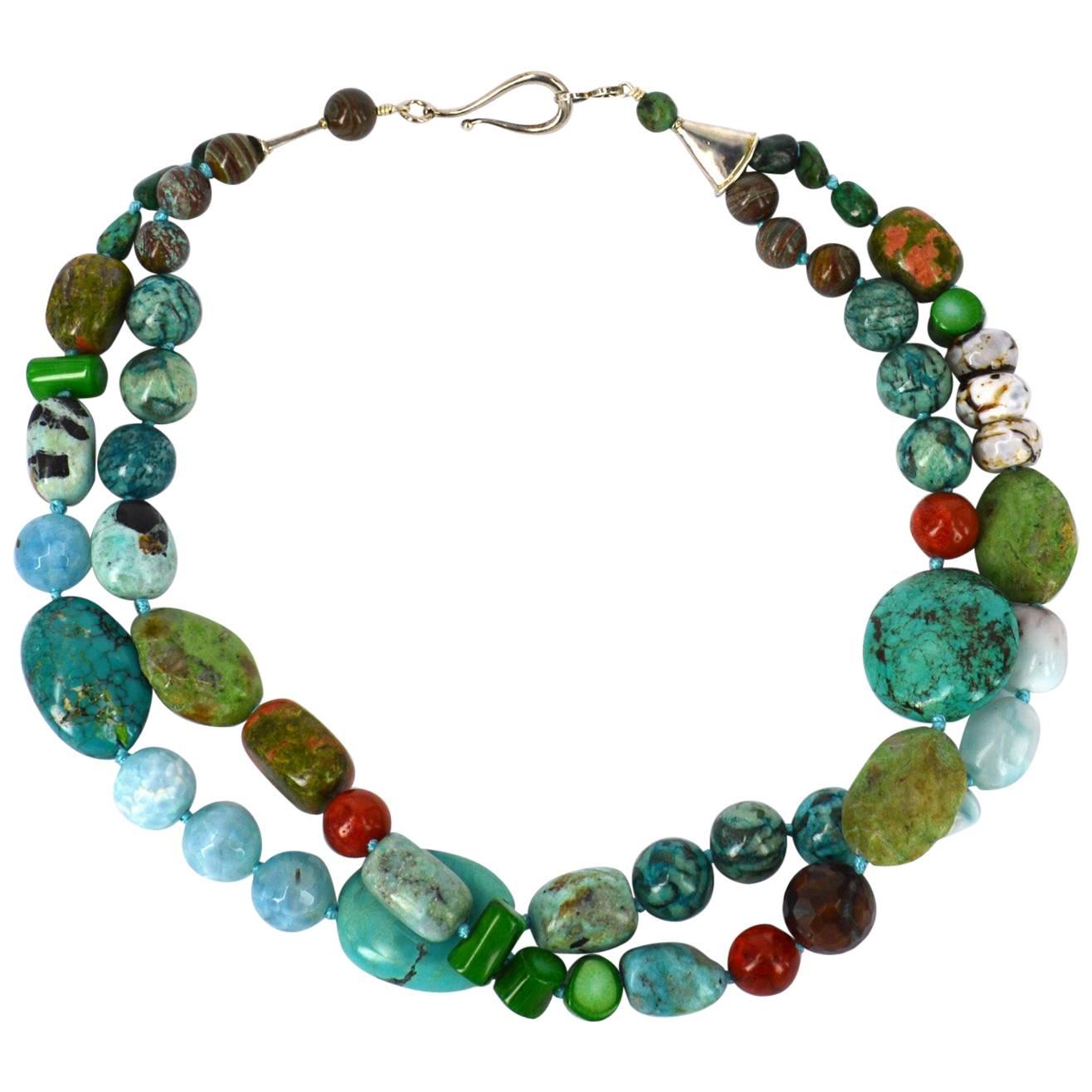 Turquoise Blue Opal Agate Coral Unakite Larimar Silver Necklace