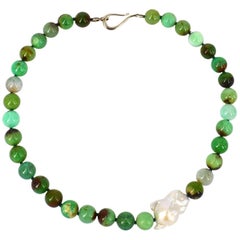 Australian Chrysophase Freshwater Baroque Pearl Sterling Silver Necklace