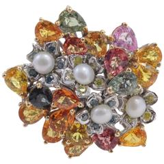 Multi Gemstone Pearl and Fancy Diamond Bouquet Ring