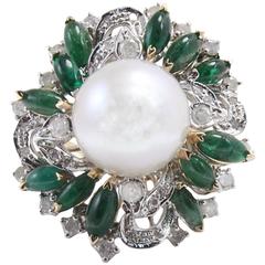 Diamond Emerald Pearl Cluster Gold  Ring