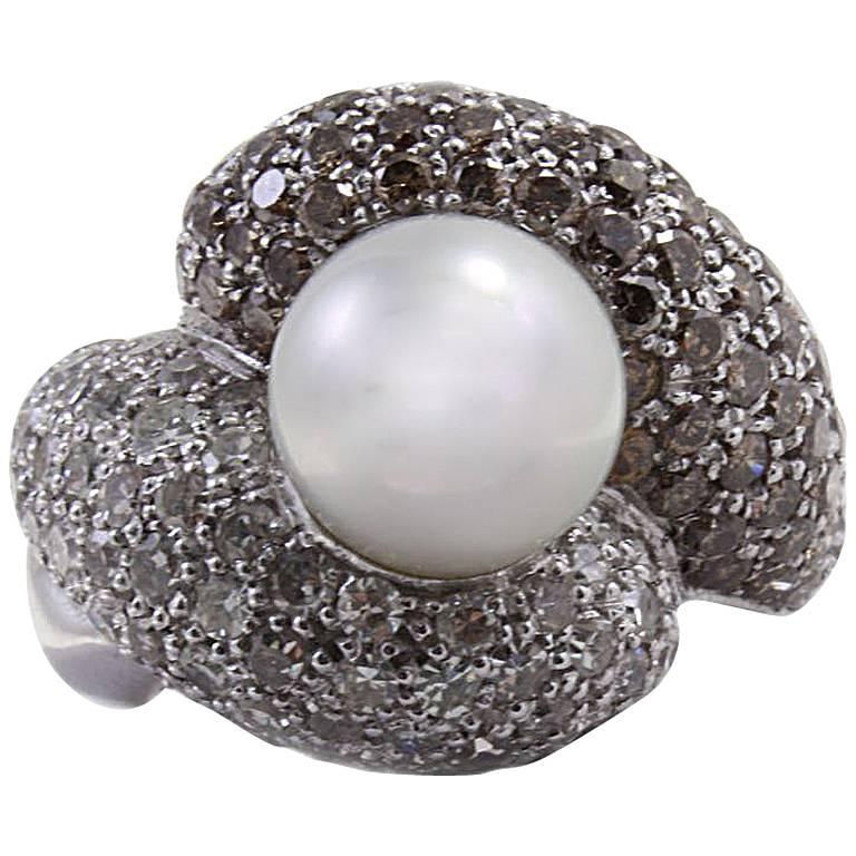 Brown and White Diamond Pearl Ring