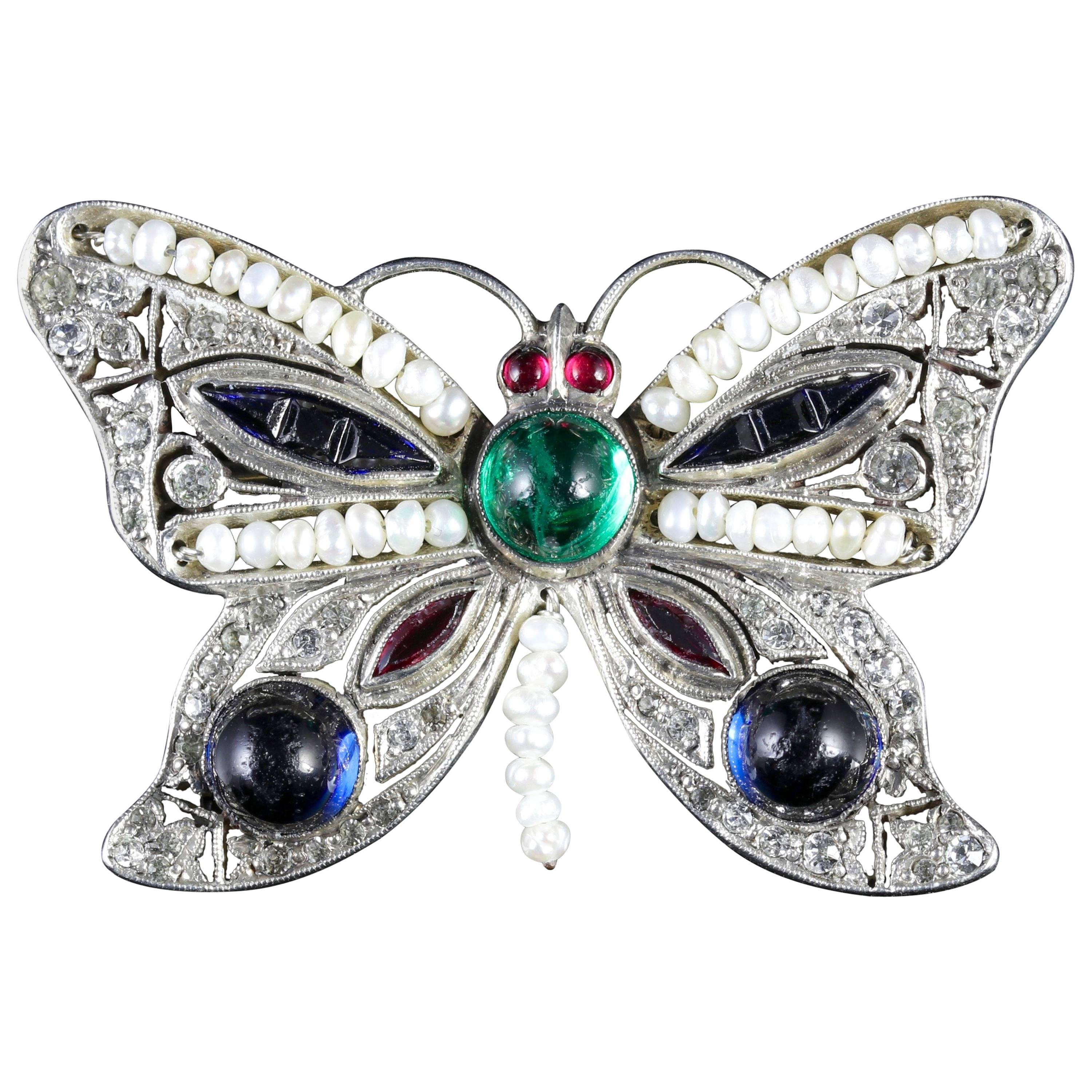 Antique Victorian Paste Silver Butterfly Brooch