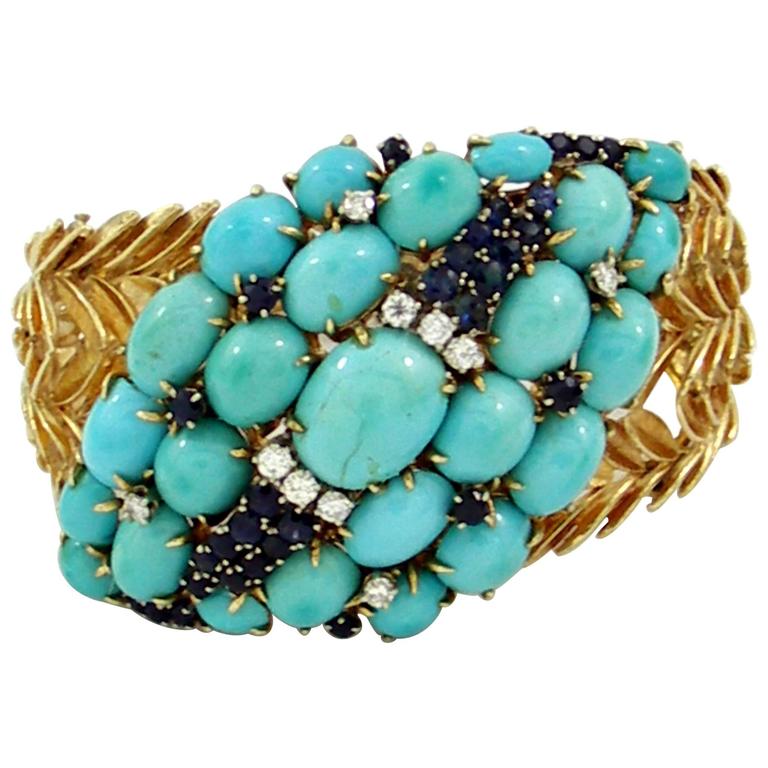 MidCentury Sapphire Turquoise Diamond Gold Bracelet