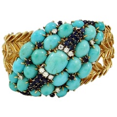 Mid-Century Sapphire Turquoise Diamond Gold Bracelet