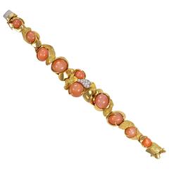 1970s Augustin Julia-Plana Peach Moonstone Diamond Gold Bracelet 2