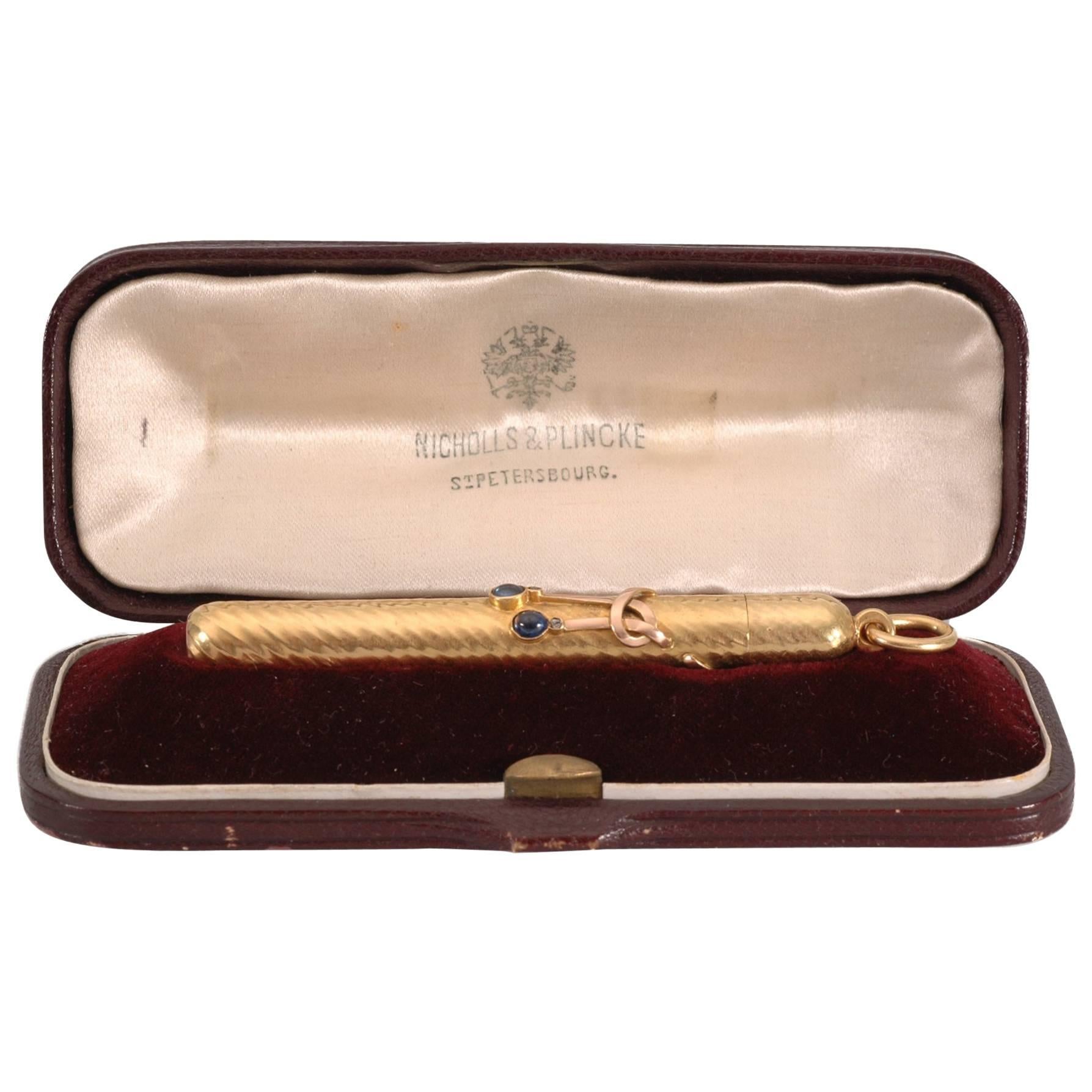 Russian Antique Jewelled Gold Retractable Pencil in Original Box