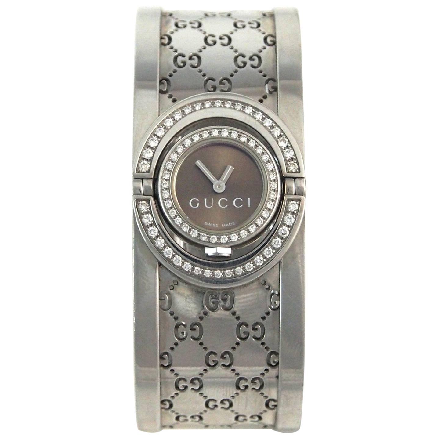 Gucci Ladies Stainless Steel Diamond Bezel 112 Twirl Cuff with Wristwatch For Sale