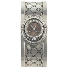 Used Gucci Ladies Stainless Steel Diamond Bezel 112 Twirl Cuff with Wristwatch