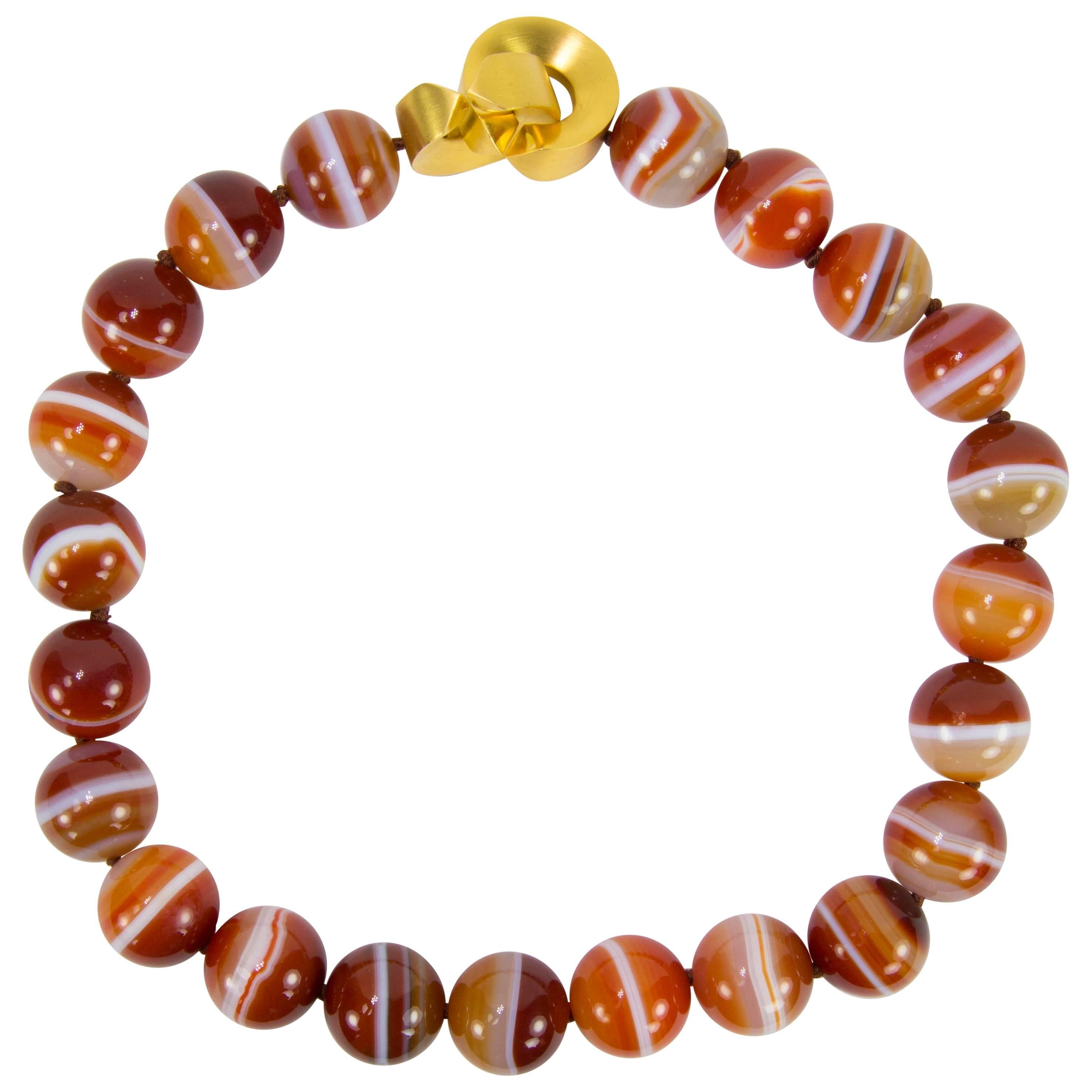 Beautiful Large Carnelian Banded Agate Bead Statement Necklace For Sale