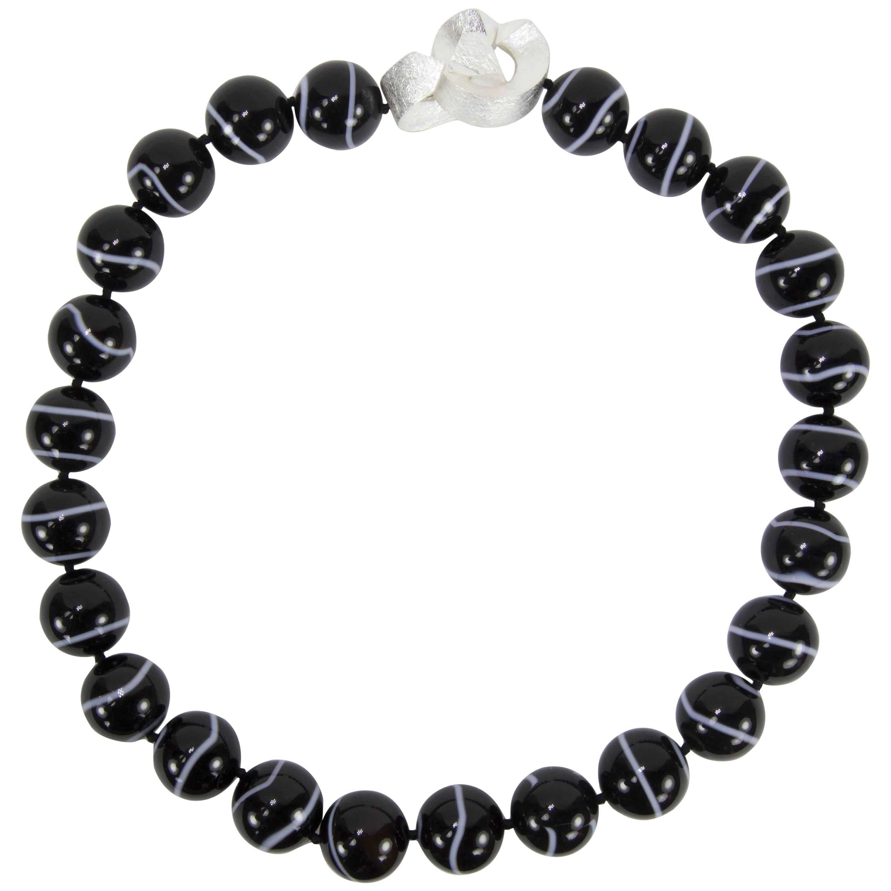 Beautiful Large Black Banded Agate Bead Statement Necklace