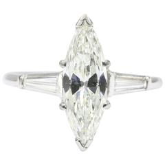 Art Deco 1.5 Carat Marquise Diamond Platinum Engagement Ring, circa 1930s