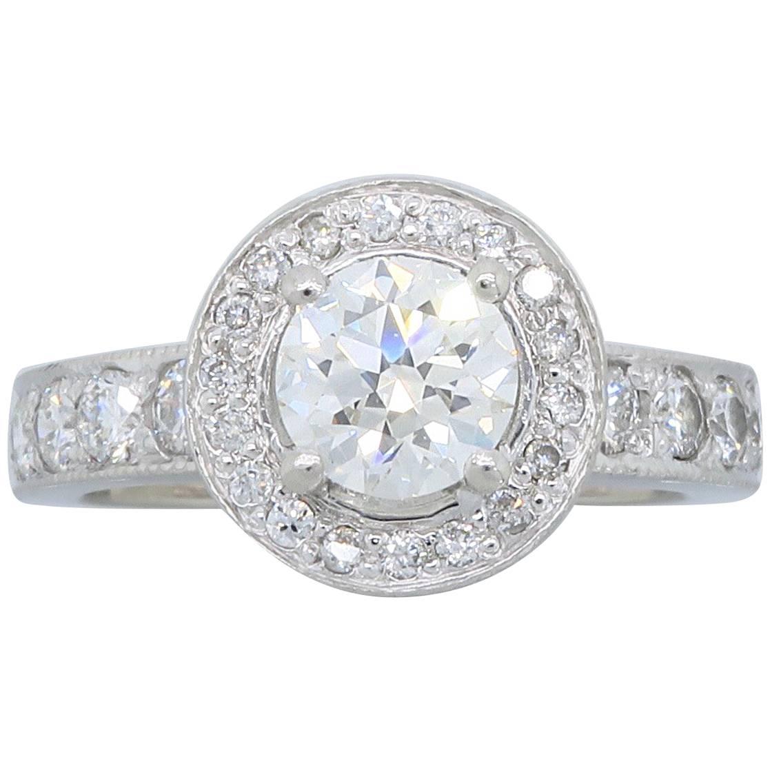 Platinum GIA Certified Diamond Halo Engagement Ring at 1stDibs