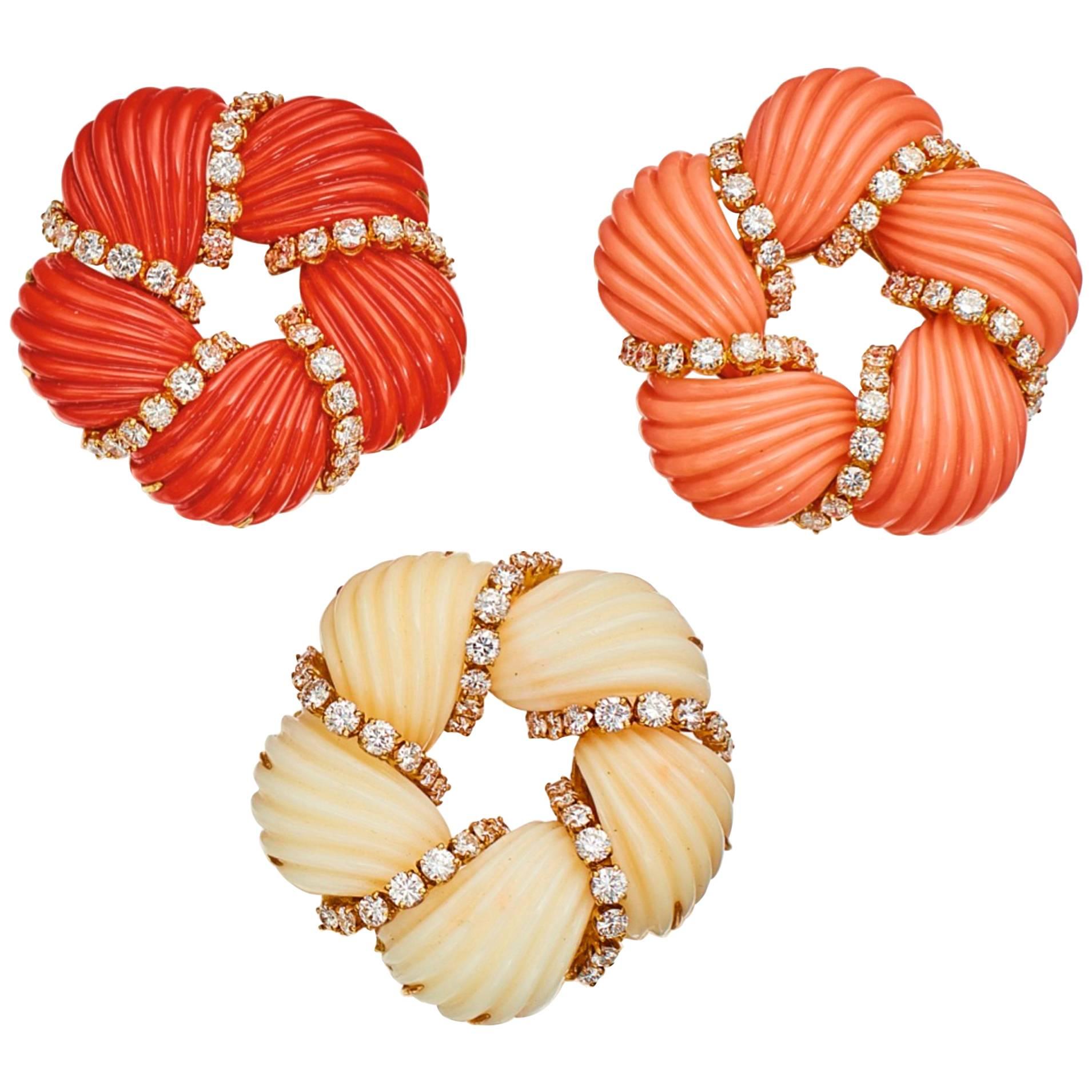 Three Coral and Diamond Brooches