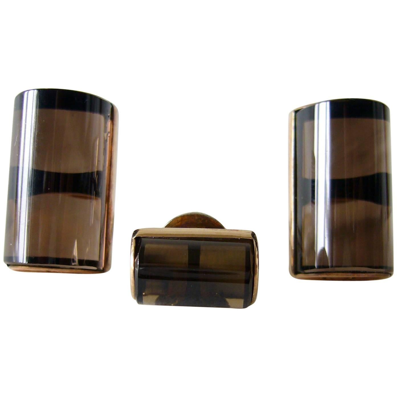 14k Rose Gold Smokey Quartz Modernist Cufflinks and Tie Tac For Sale