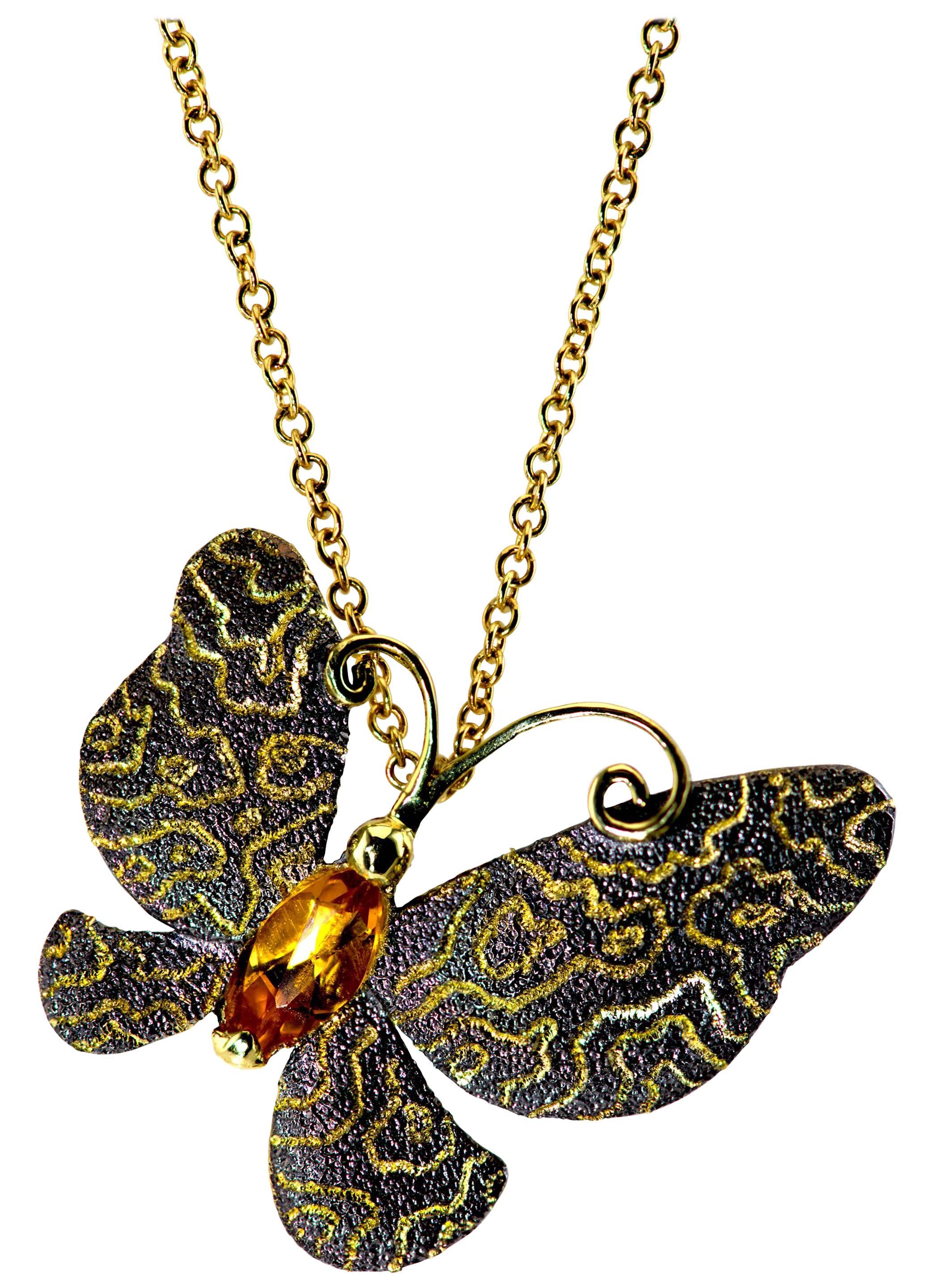 Alex Soldier Citrine Gold Butterfly Pendant Necklace Pin on Chain One of a kind 
