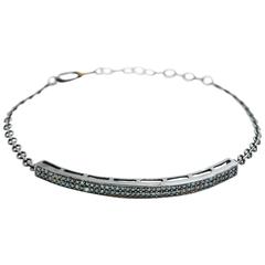 Blue Diamond and Oxidized Sterling Silver Cuff Chain Bracelet Adjustable 3