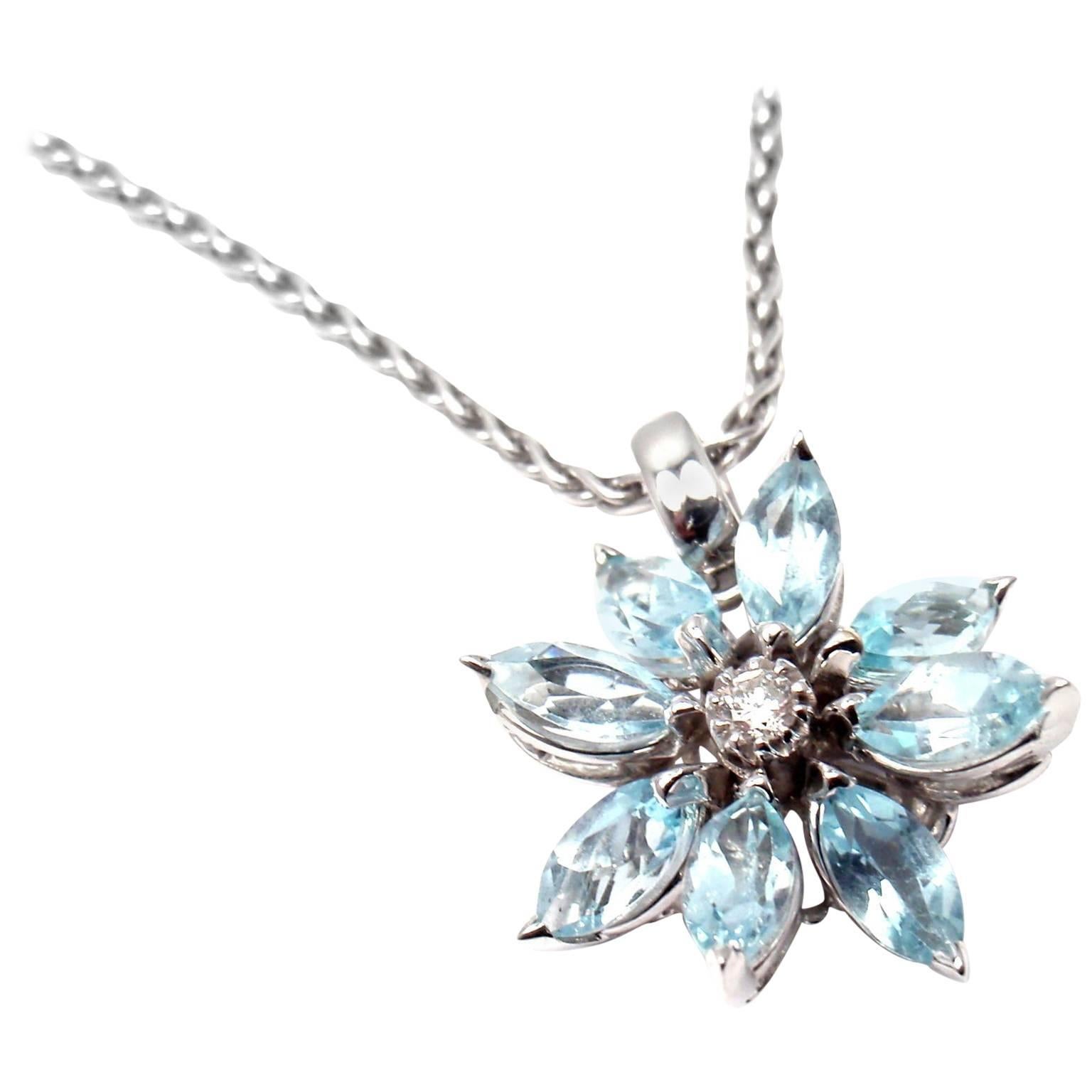 Asprey Aquamarine Diamond White Gold Petal Flower Pendant Necklace