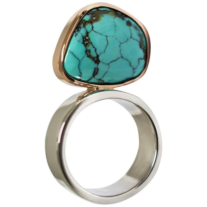Lizunova Turquoise Silver Rose Gold Ring For Sale