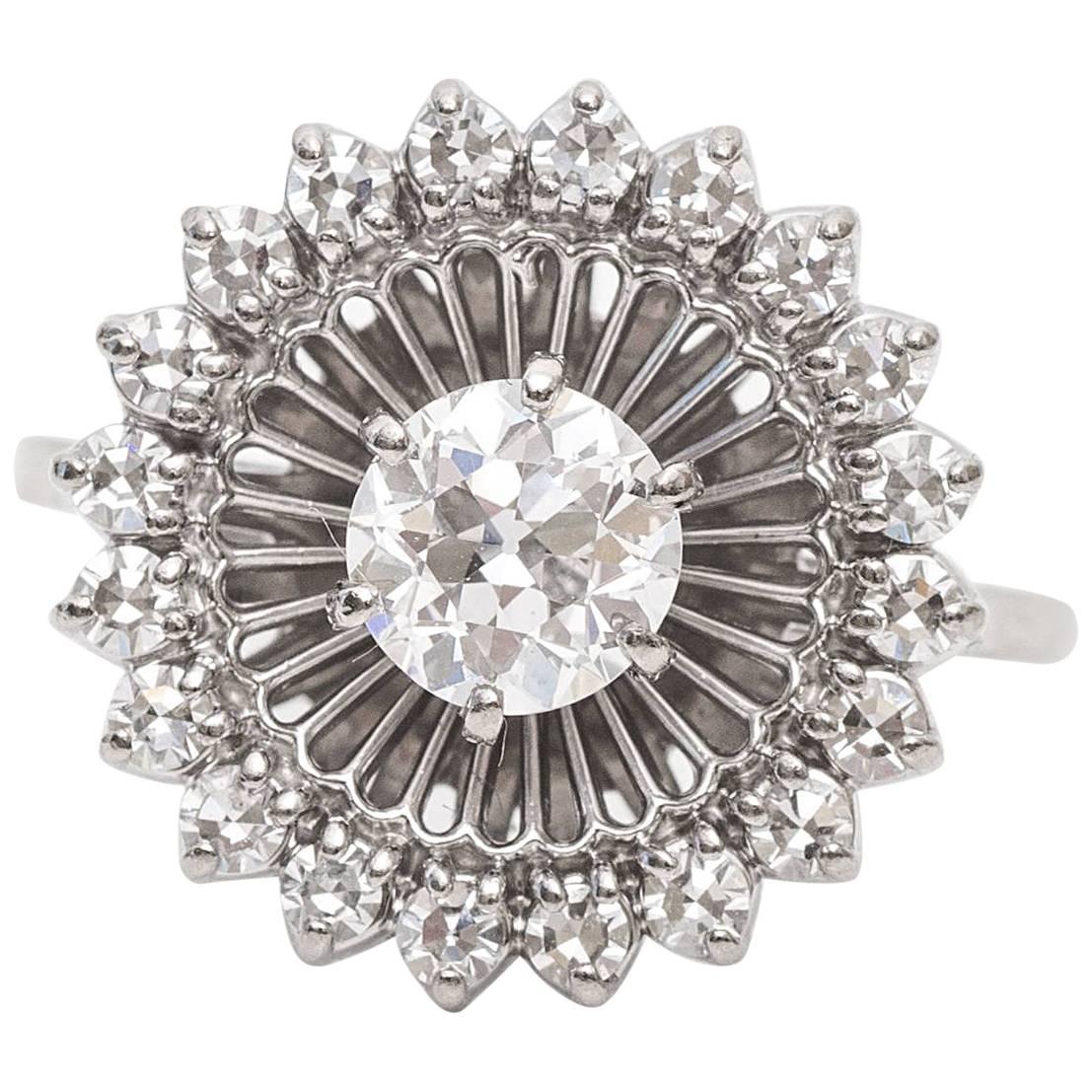1910s Art Nouveau .70 Carat Old Mine Diamond Platinum Halo Cocktail Ring