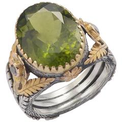 Orisha Peridot Diamond 18 Karat Gold & Silver Ring 7