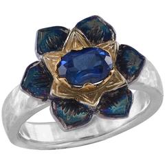 Lotus Blue Sapphire 18 Karat Gold & Silvr Ring 10