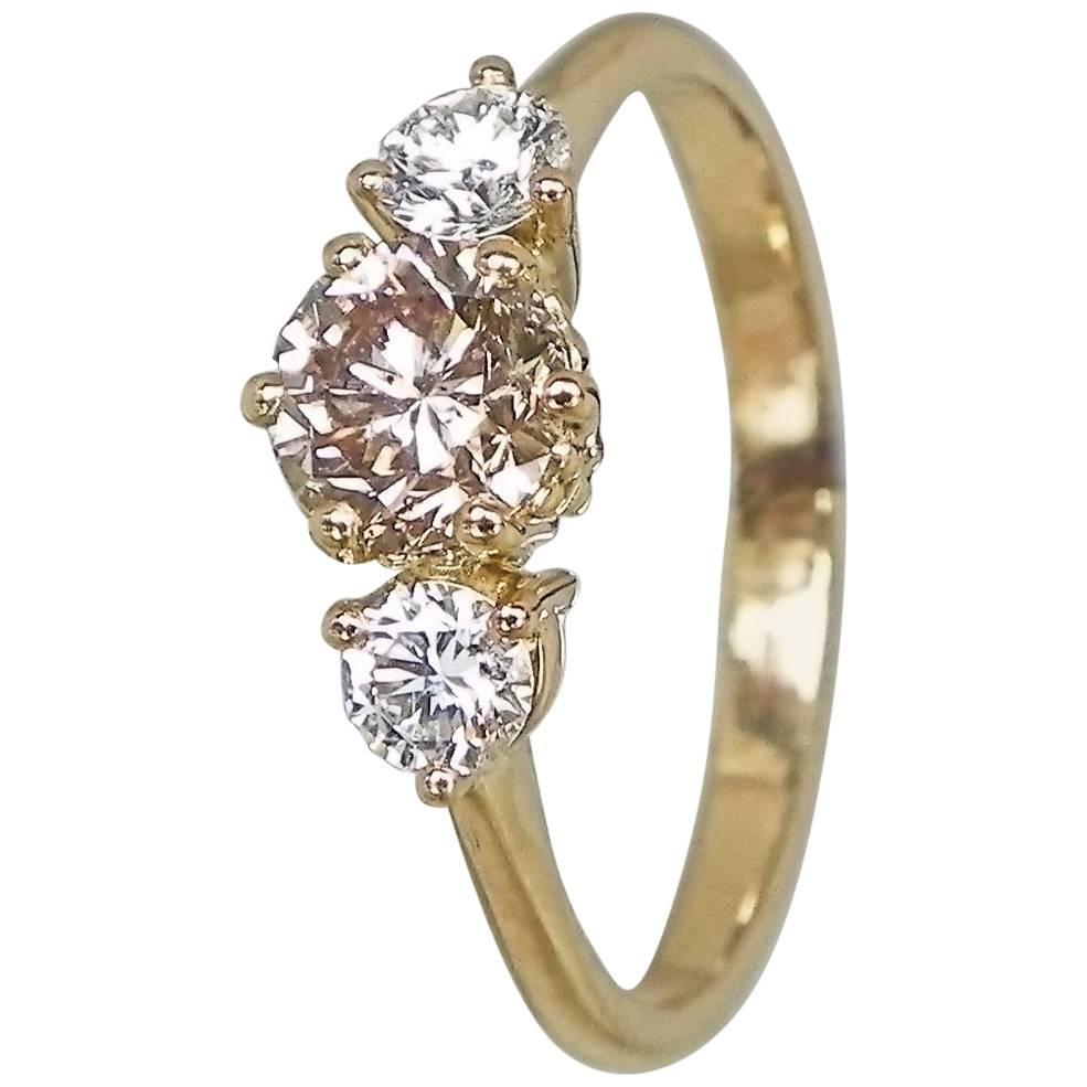Exquisite Champagne and White Diamond Gold Three-Stone Engagement Ring For Sale