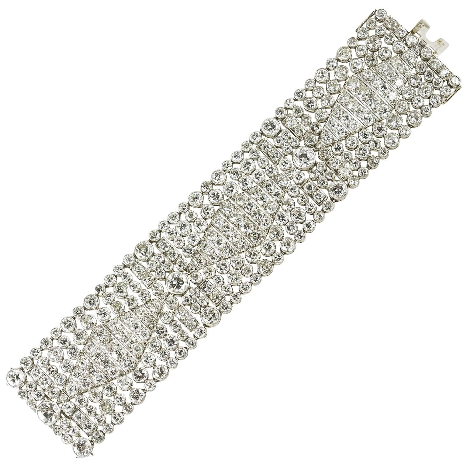 1920s Art Deco French Diamond Platinum Wide Bracelet