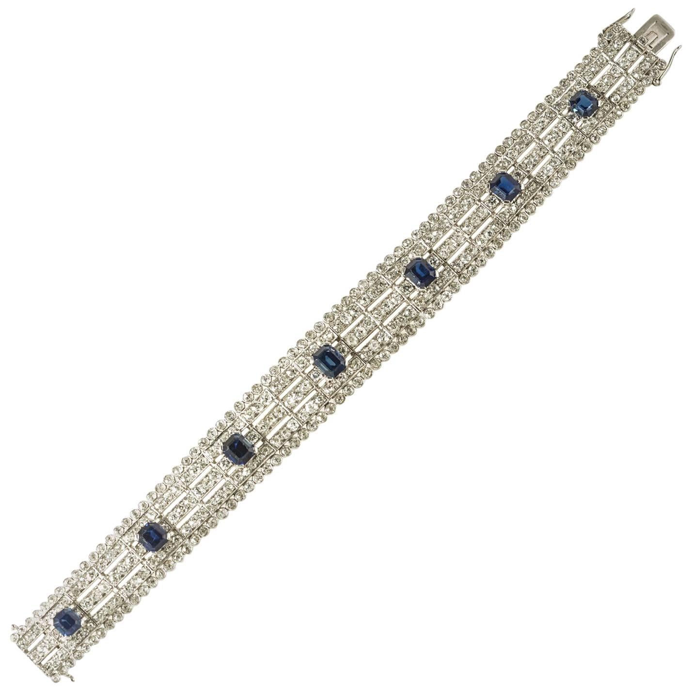 Edwardian Platinum Set Diamond and Natural Burmese Sapphire Bracelet, circa 1910 For Sale