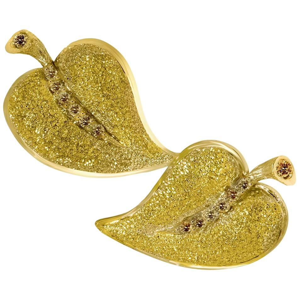Diamond Yellow Gold Textured Leaf Stud Earrings One of a kind